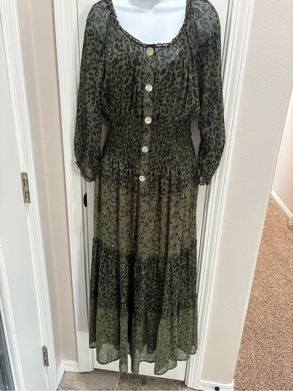 Smocked Olive Green Leopard-Print Midi Dress with Button Front